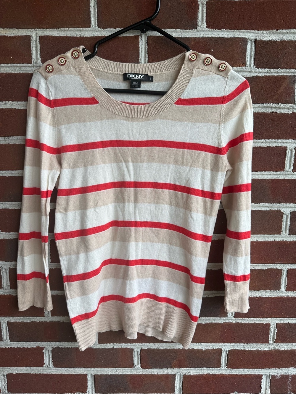 DKNY Cream, Beige & Red Striped Shoulder-Button Sweater